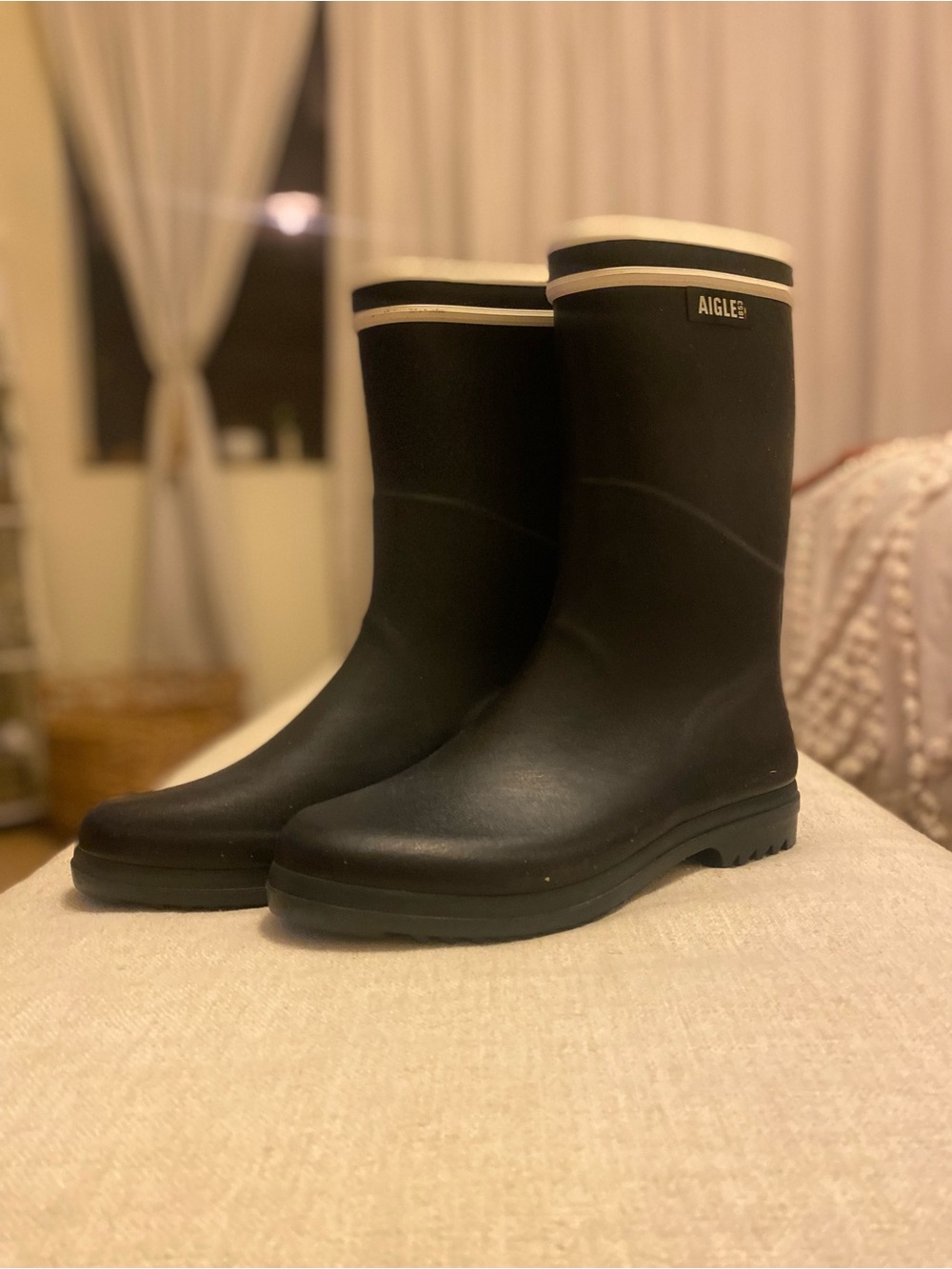 Aigle Black Rain Boots with Cream Trim